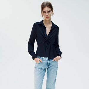 Zara knot front navy blouse